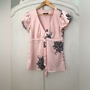 VINTAGE Express Pink Satin Top Short Puff Empire Tie Waist Whimsigoth Romantic S